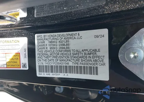 2025 Honda Accord Lx из США, поврежденный, VIN 1HGCY1F23SA001548